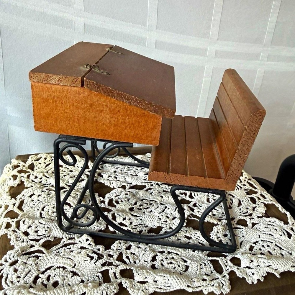 Vintage 1972 1:6 Mini Wooden School Desk & Chair with Metal Scrollwork Frame